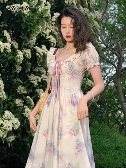 Summer New Fashion Print Dress For Women Vintage O Neck Puff Sleeve Lace-up Midi Dresses Female Clothing
