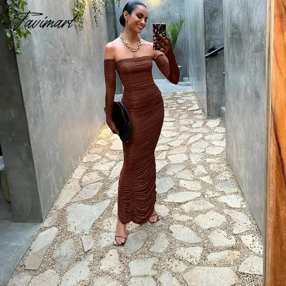 summer new fashion slim strapless long sleeve slim pleated dress