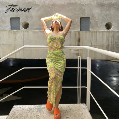 Summer New Fresh Green Print Suspenders Skirt Two-Piece Woman Beach Print Floral Tie Dye Lace Stripe