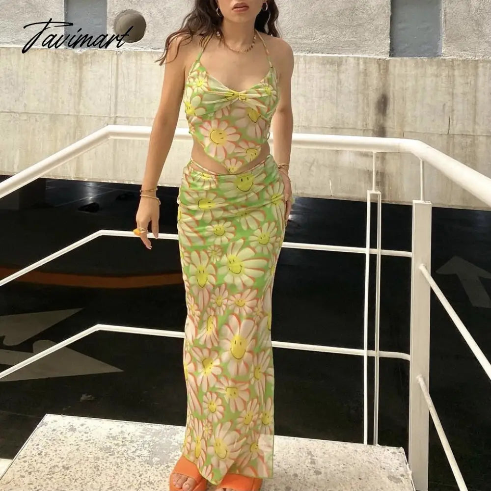 Summer New Fresh Green Print Suspenders Skirt Two-Piece Woman Beach Print Floral Tie Dye Lace Stripe