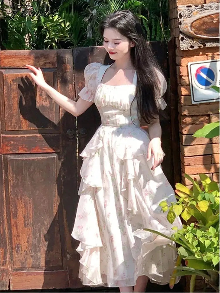 Summer New Woman Floral Chiffon Midi Dress Elegant Short Sleeve One Piece Party Dress Office Lady Vintage Chic Clothing