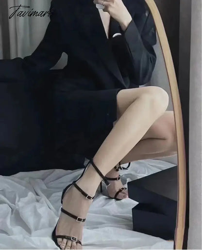 Summer open toe high heels, rhinestones, one line buckle women's shoes, slim heels, black sexy sandals