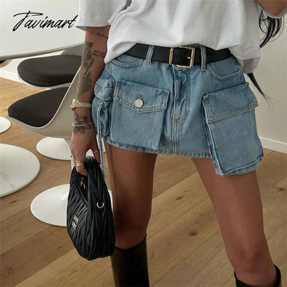 Summer Pocket Denim Mini Skirt Women Blue Slim Sexy Bag Hip Skirts Femme Street Casual Fashion Cargo Bottoms Ladies