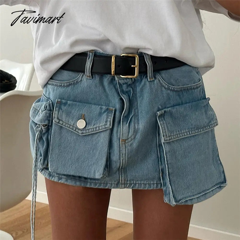 Summer Pocket Denim Mini Skirt Women Blue Slim Sexy Bag Hip Skirts Femme Street Casual Fashion Cargo Bottoms Ladies