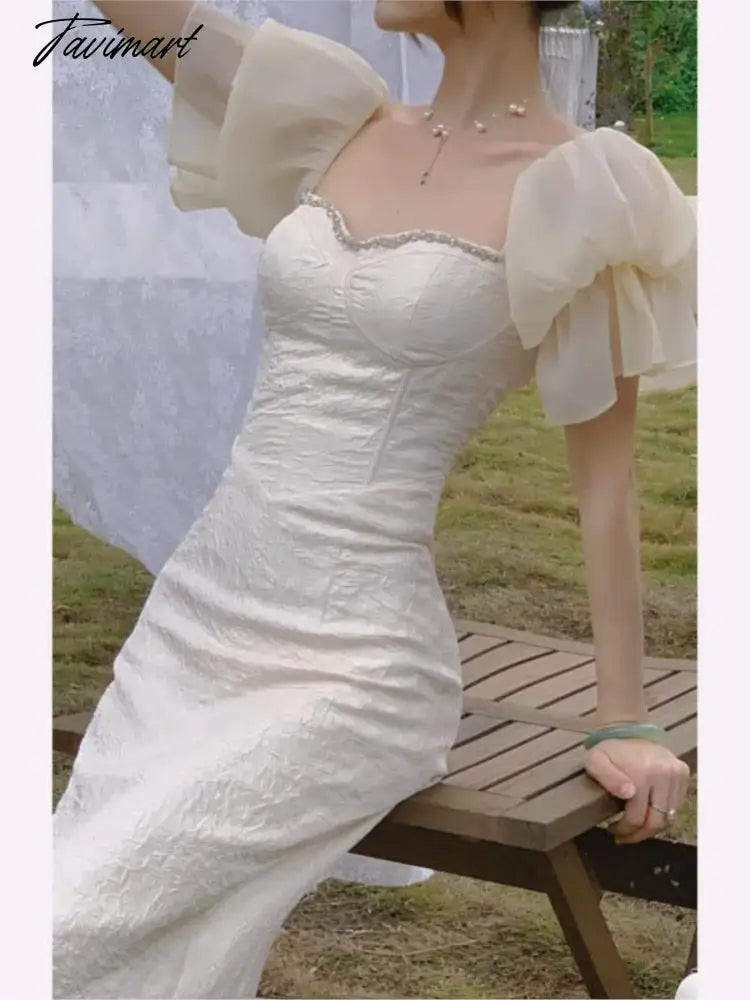 Summer Puff Sleeve White Wedding Dress Women Square Collar Elegant Prom Dress Female Slim Fashion Party Dress