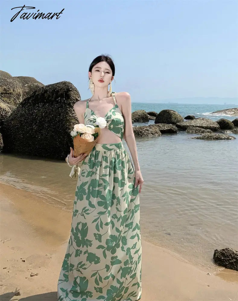 Summer Sexy Women Floral Print Fake Two Pieces Dress High Waist Beach Skirt Fashionable Backless Holiday Party Long Dresses