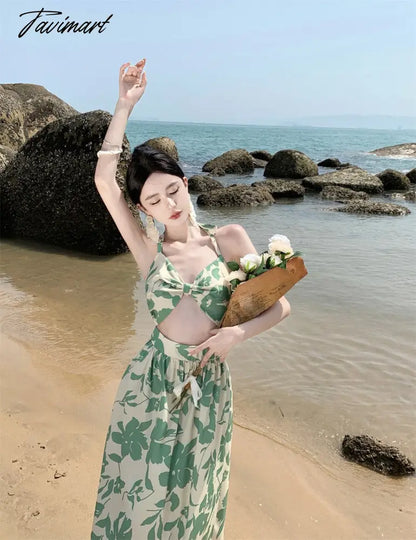 Summer Sexy Women Floral Print Fake Two Pieces Dress High Waist Beach Skirt Fashionable Backless Holiday Party Long Dresses