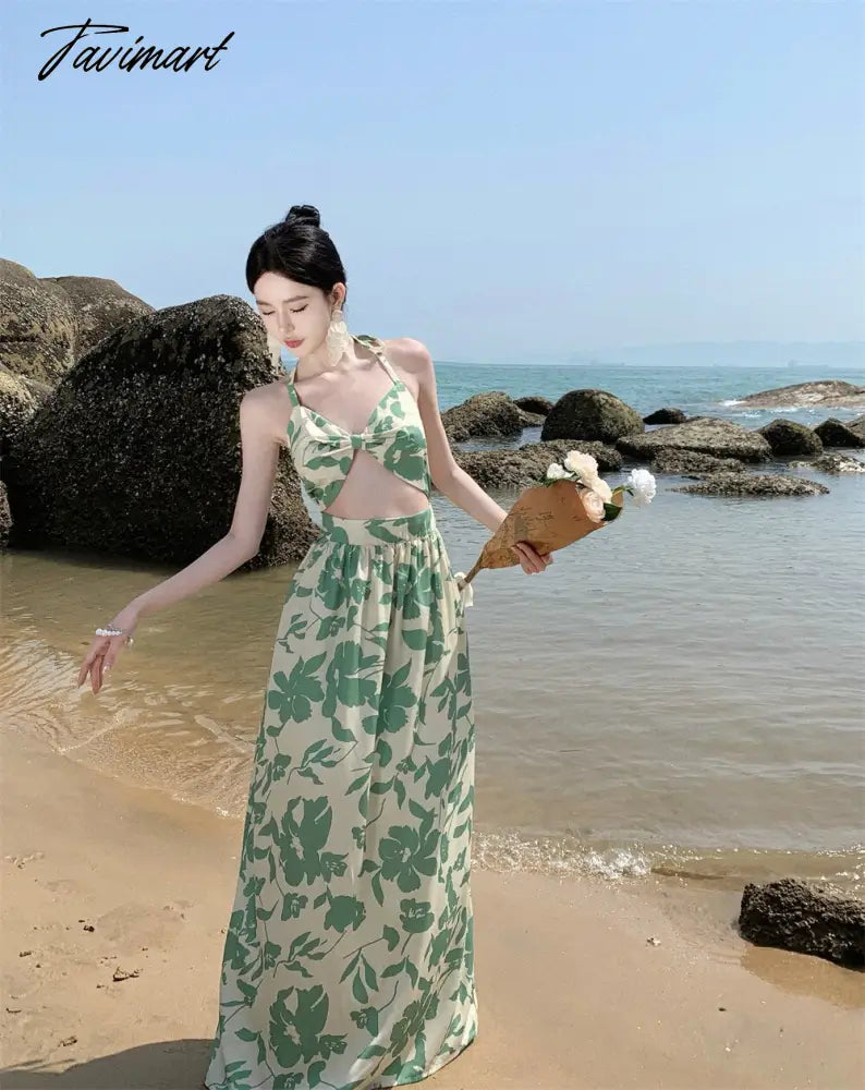 Summer Sexy Women Floral Print Fake Two Pieces Dress High Waist Beach Skirt Fashionable Backless Holiday Party Long Dresses