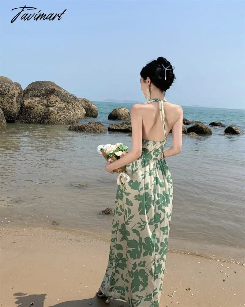 Summer Sexy Women Floral Print Fake Two Pieces Dress High Waist Beach Skirt Fashionable Backless Holiday Party Long Dresses