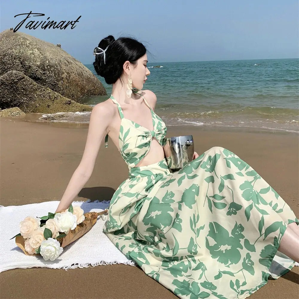 Summer Sexy Women Floral Print Fake Two Pieces Dress High Waist Beach Skirt Fashionable Backless Holiday Party Long Dresses