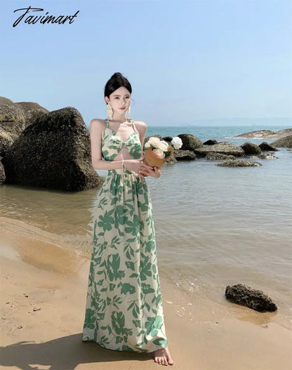 Summer Sexy Women Floral Print Fake Two Pieces Dress High Waist Beach Skirt Fashionable Backless Holiday Party Long Dresses