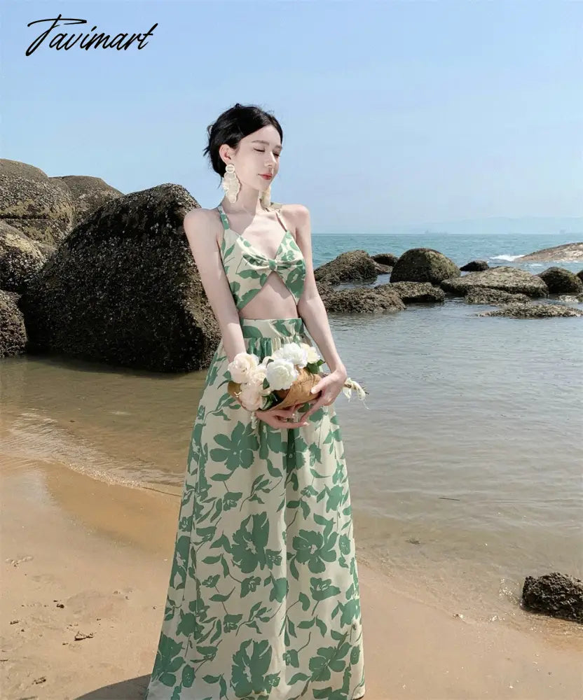 Summer Sexy Women Floral Print Fake Two Pieces Dress High Waist Beach Skirt Fashionable Backless Holiday Party Long Dresses