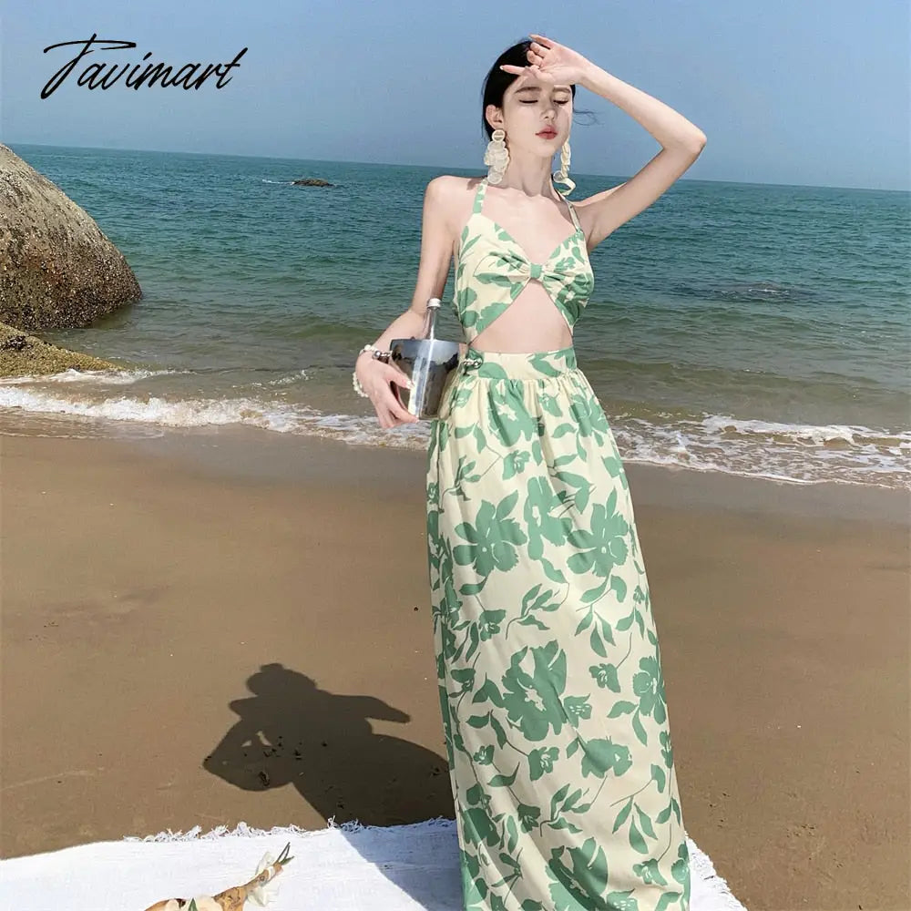 Summer Sexy Women Floral Print Fake Two Pieces Dress High Waist Beach Skirt Fashionable Backless Holiday Party Long Dresses