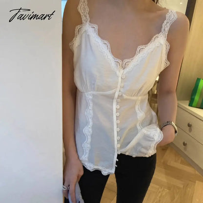 Summer Sexy Y2k Tops Backless Lace Splicing Button V-neck White Suspender Tank Top New Korean Fashion Ropa De Mujer