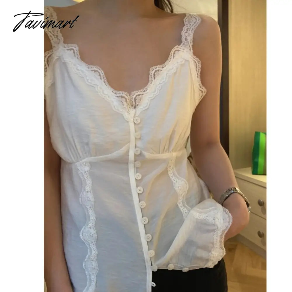 Summer Sexy Y2k Tops Backless Lace Splicing Button V-neck White Suspender Tank Top New Korean Fashion Ropa De Mujer