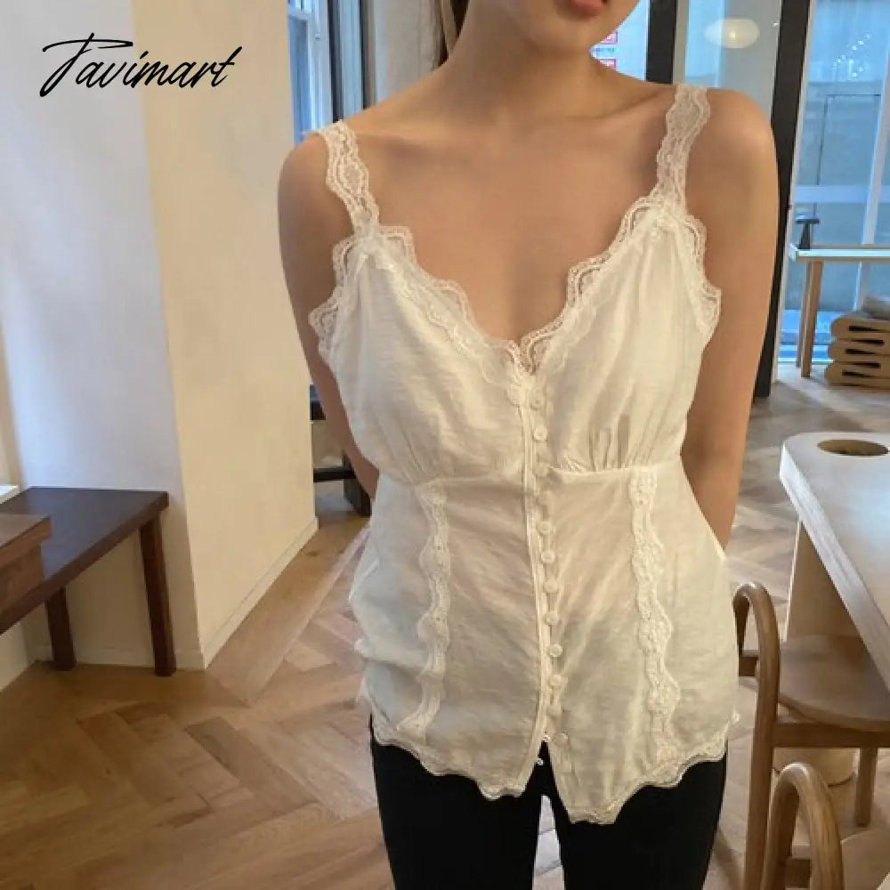 Summer Sexy Y2k Tops Backless Lace Splicing Button V-neck White Suspender Tank Top New Korean Fashion Ropa De Mujer