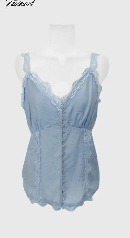 Summer Sexy Y2k Tops Backless Lace Splicing Button V-neck White Suspender Tank Top New Korean Fashion Ropa De Mujer