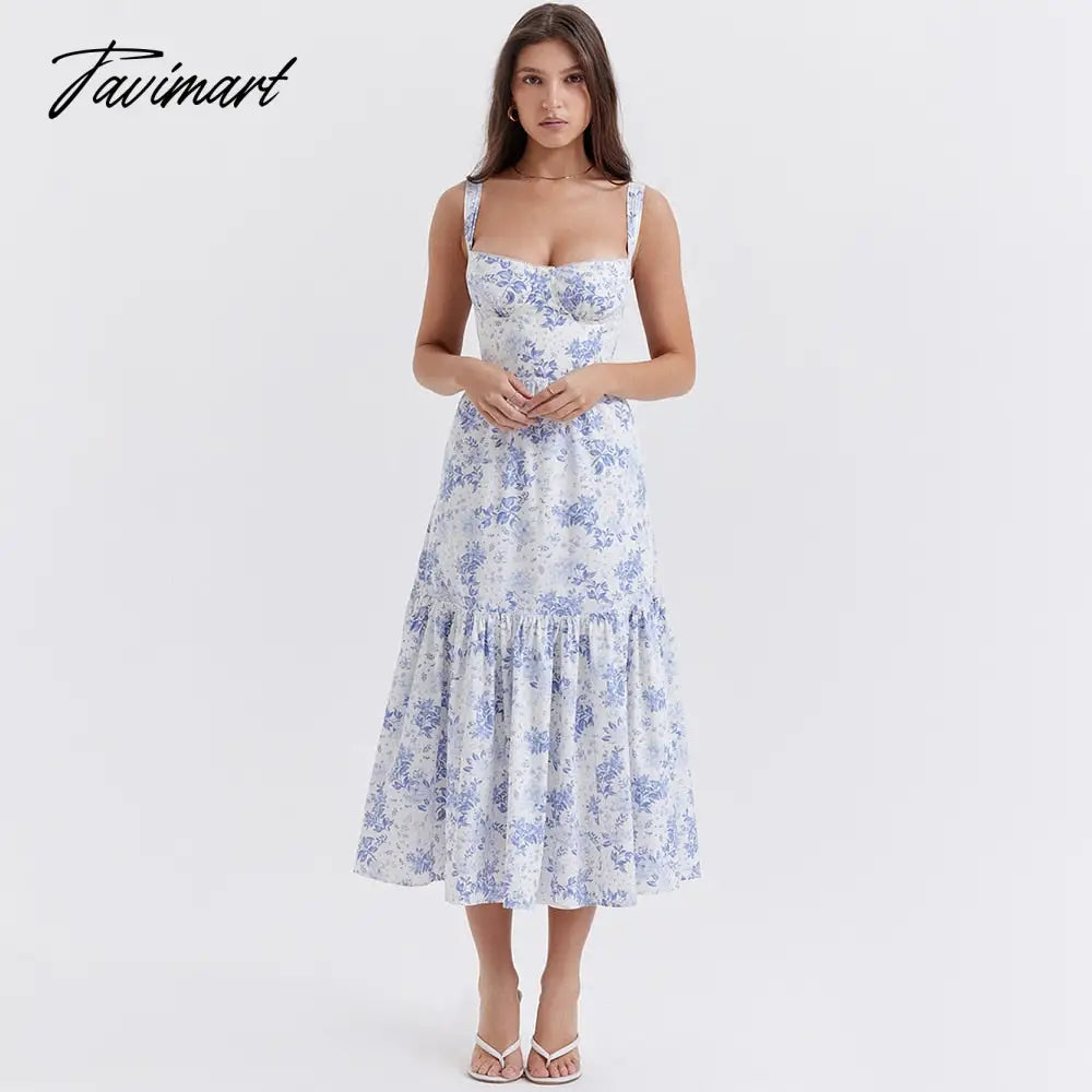 Summer Spaghetti Strap Midi Dress Elegant Casual Floral Print Holiday Party Dress with Pocket Women's Clothing