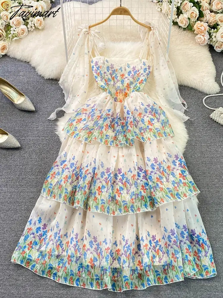 Summer Suspender Dress Seaside Holiday Beach Dress Fashion Elegant and Thin Printed A-line Dress Women Tiered D1735