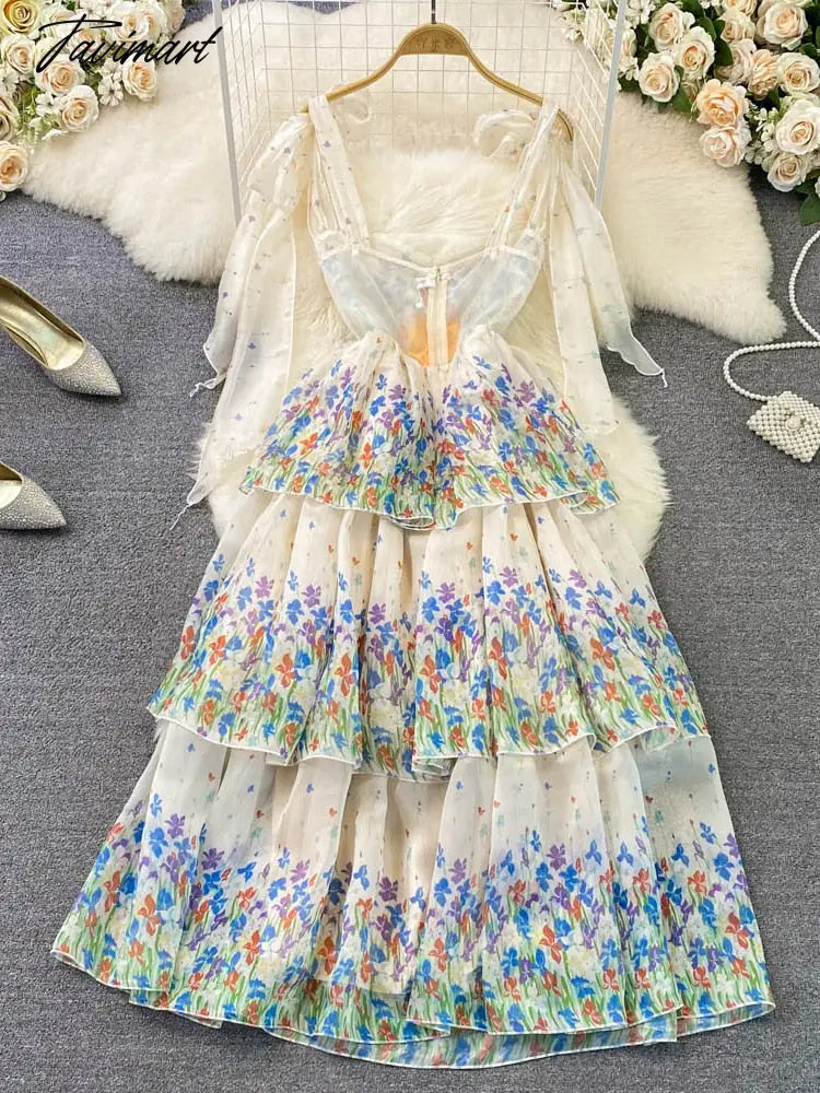 Summer Suspender Dress Seaside Holiday Beach Dress Fashion Elegant and Thin Printed A-line Dress Women Tiered D1735