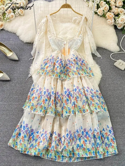 Summer Suspender Dress Seaside Holiday Beach Dress Fashion Elegant and Thin Printed A-line Dress Women Tiered D1735