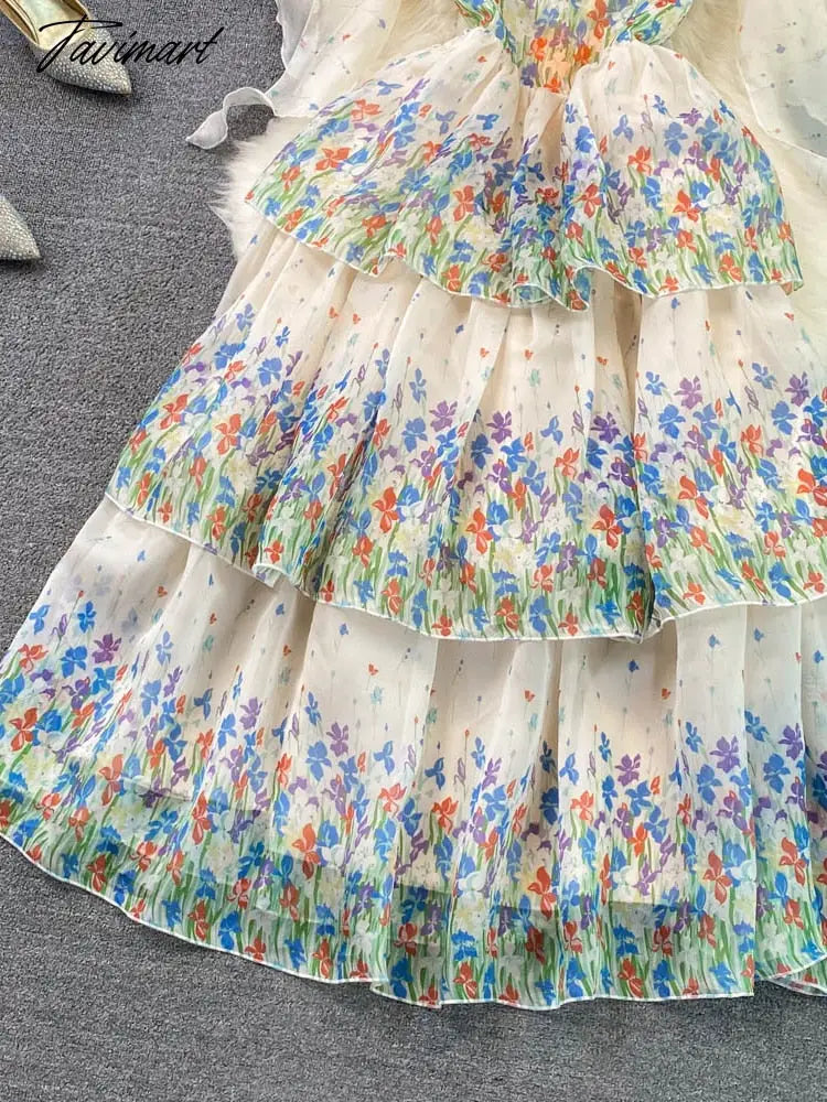 Summer Suspender Dress Seaside Holiday Beach Dress Fashion Elegant and Thin Printed A-line Dress Women Tiered D1735