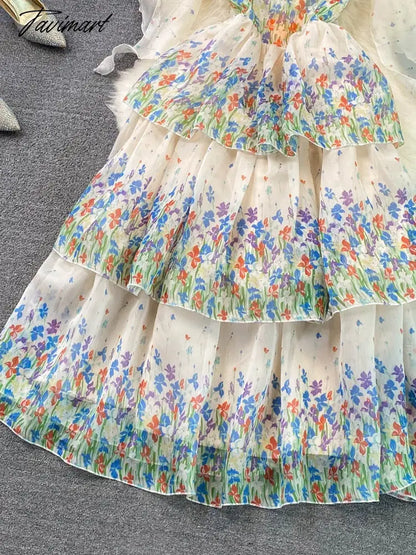 Summer Suspender Dress Seaside Holiday Beach Dress Fashion Elegant and Thin Printed A-line Dress Women Tiered D1735
