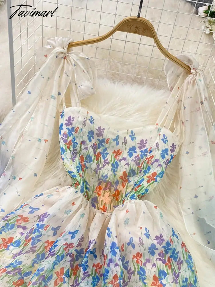 Summer Suspender Dress Seaside Holiday Beach Dress Fashion Elegant and Thin Printed A-line Dress Women Tiered D1735