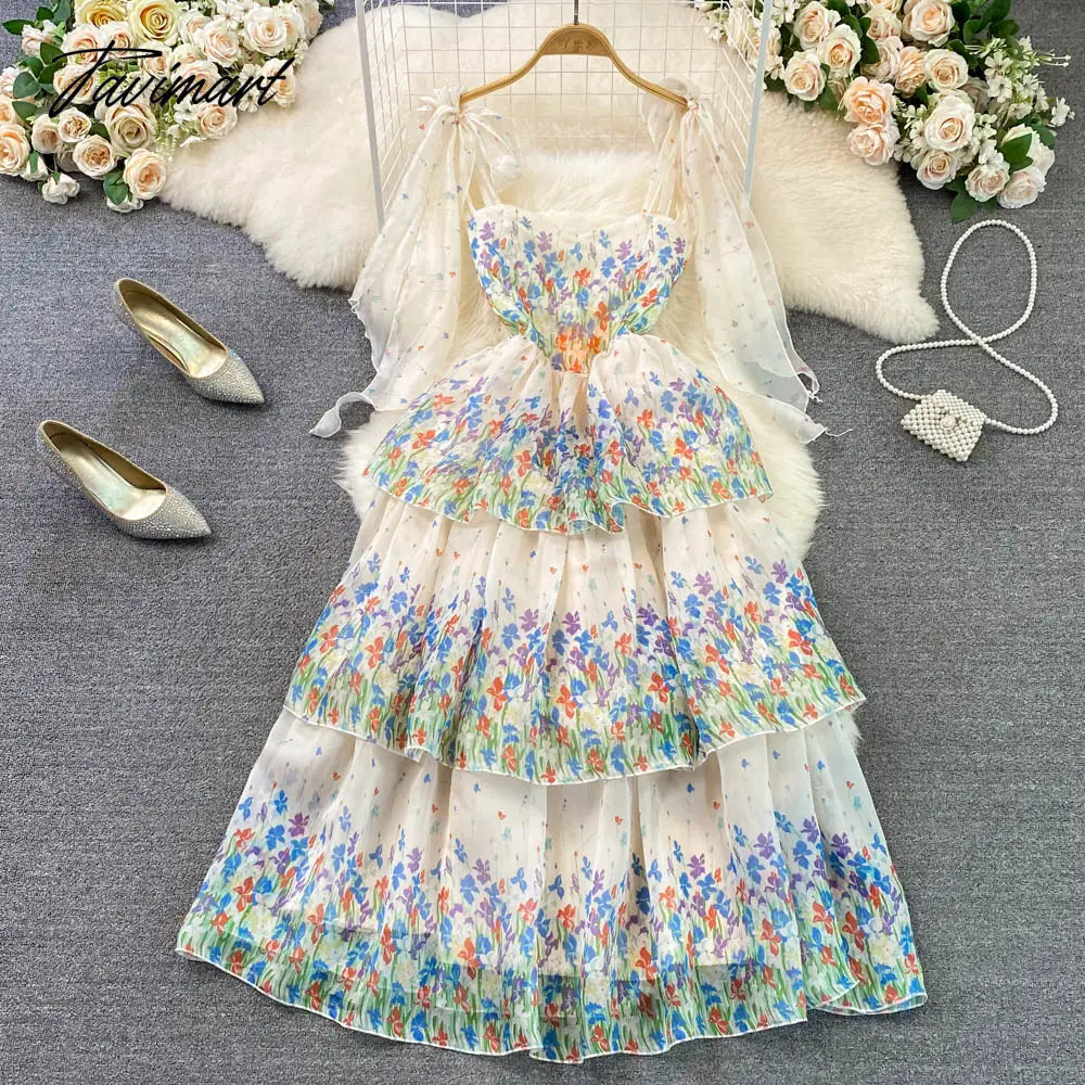 Summer Suspender Dress Seaside Holiday Beach Dress Fashion Elegant and Thin Printed A-line Dress Women Tiered D1735
