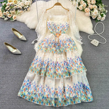 Summer Suspender Dress Seaside Holiday Beach Dress Fashion Elegant and Thin Printed A-line Dress Women Tiered D1735
