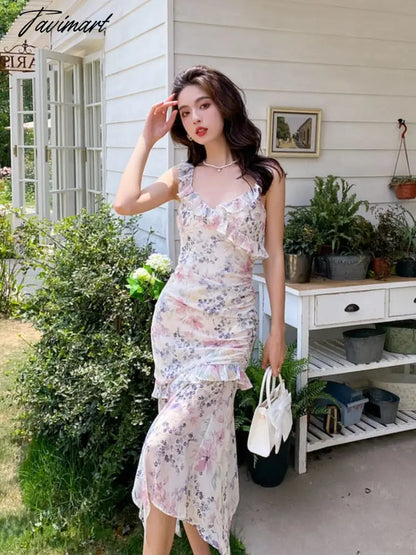 Summer Sweet Floral Midi Dress Women Beach Printed Casual Even Party Dress Office Lady Elegant Ruffles Dress Korean Fashion
