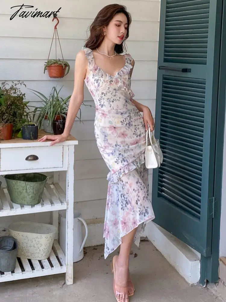 Summer Sweet Floral Midi Dress Women Beach Printed Casual Even Party Dress Office Lady Elegant Ruffles Dress Korean Fashion
