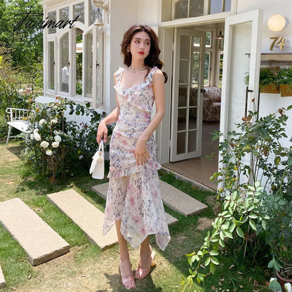 Summer Sweet Floral Midi Dress Women Beach Printed Casual Even Party Dress Office Lady Elegant Ruffles Dress Korean Fashion