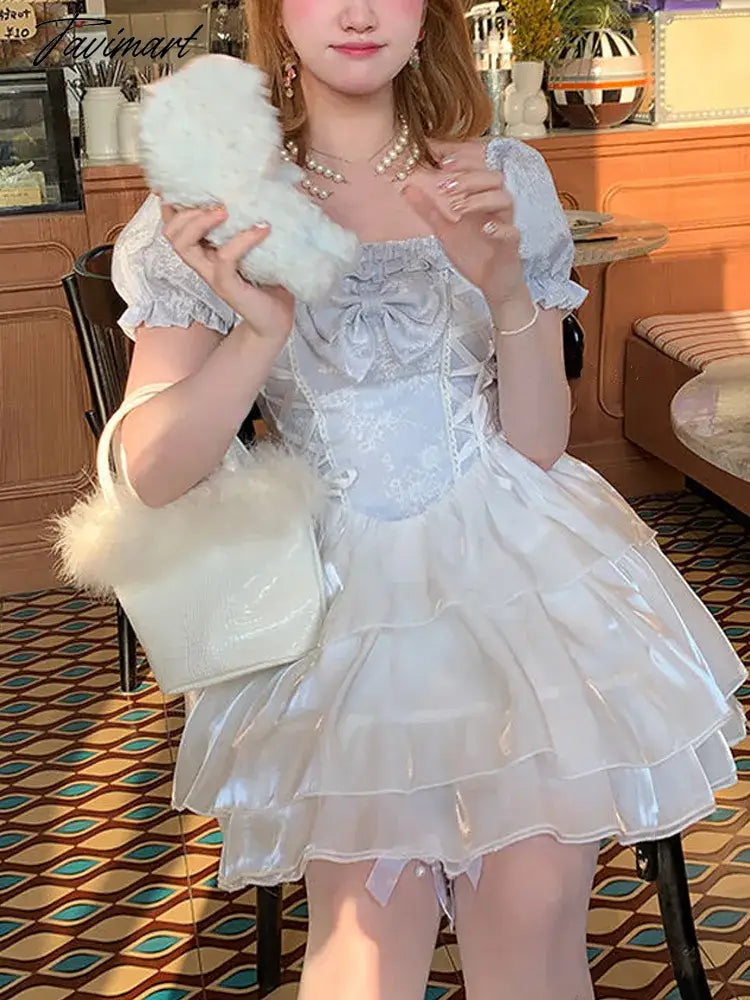 Summer Sweet Kawaii Lolita Dress Square Collar One Piece Dress Korean Fashion Women Casual Elegant Party Y2k Mini Dress