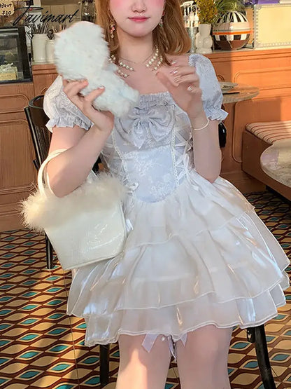 Summer Sweet Kawaii Lolita Dress Square Collar One Piece Dress Korean Fashion Women Casual Elegant Party Y2k Mini Dress
