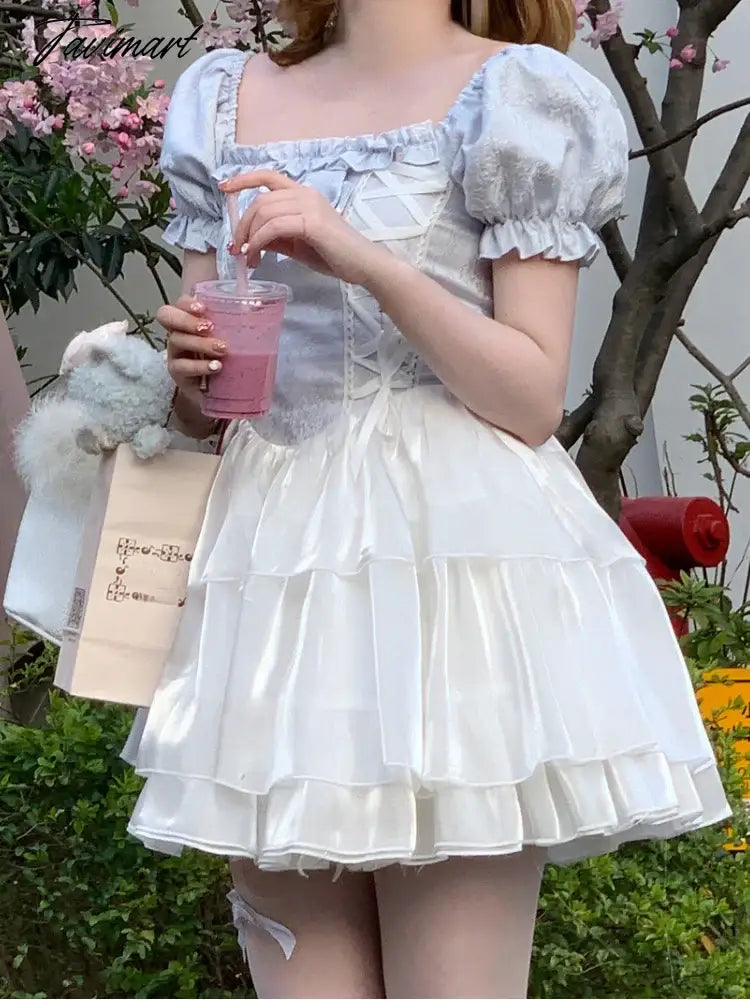Summer Sweet Kawaii Lolita Dress Square Collar One Piece Dress Korean Fashion Women Casual Elegant Party Y2k Mini Dress
