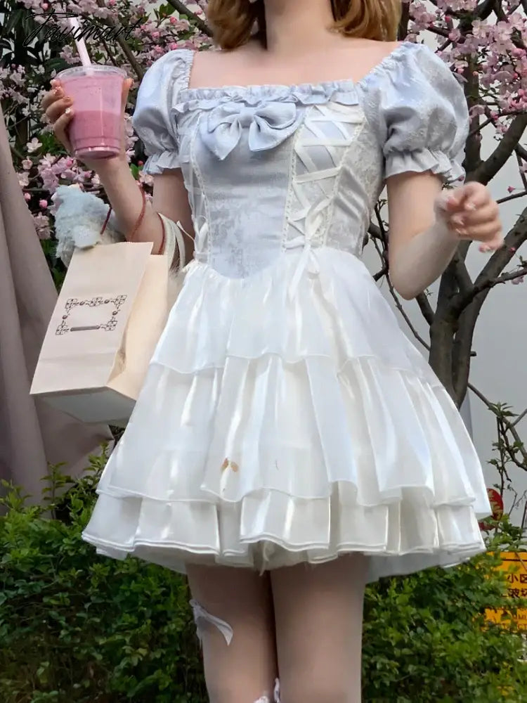 Summer Sweet Kawaii Lolita Dress Square Collar One Piece Dress Korean Fashion Women Casual Elegant Party Y2k Mini Dress