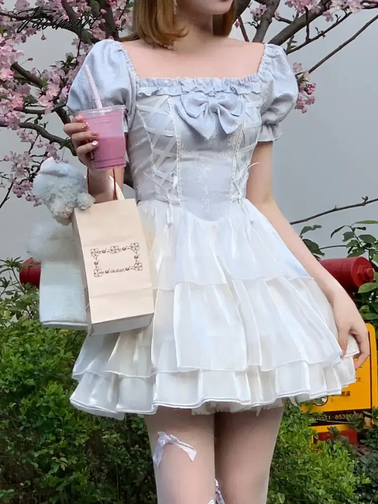 Summer Sweet Kawaii Lolita Dress Square Collar One Piece Dress Korean Fashion Women Casual Elegant Party Y2k Mini Dress