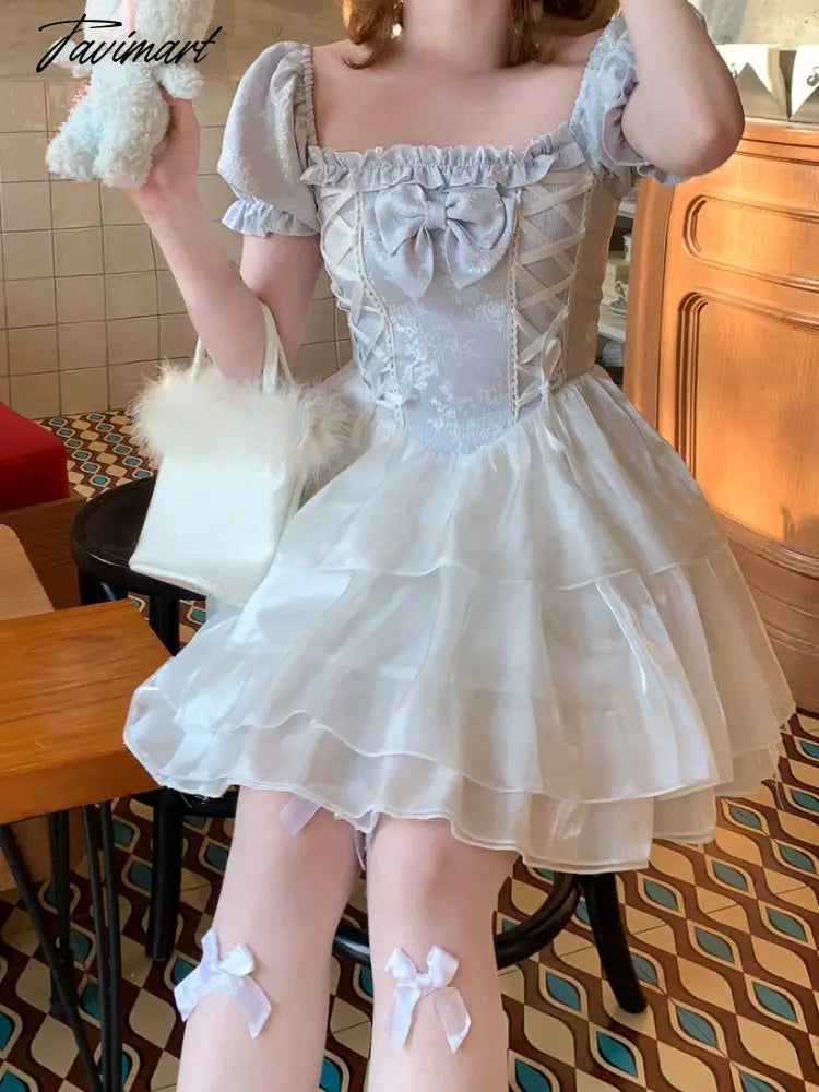 Summer Sweet Kawaii Lolita Dress Square Collar One Piece Dress Korean Fashion Women Casual Elegant Party Y2k Mini Dress