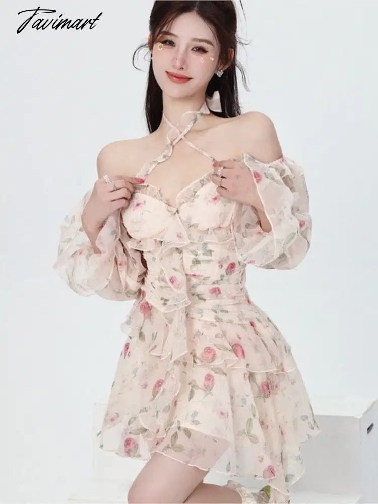 Summer Sweet Print Floral Chiffon Dress Women Elegant Long Sleeve Ruffles Party Mini Dresses Female Korean Chic Slim Vestidos