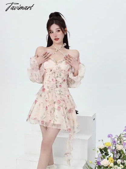 Summer Sweet Print Floral Chiffon Dress Women Elegant Long Sleeve Ruffles Party Mini Dresses Female Korean Chic Slim Vestidos