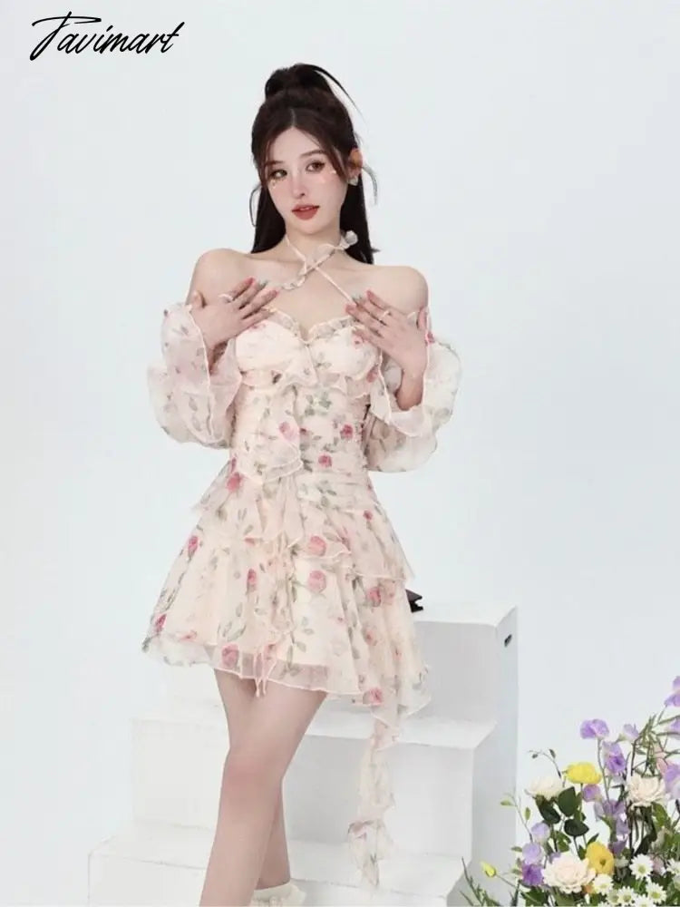 Summer Sweet Print Floral Chiffon Dress Women Elegant Long Sleeve Ruffles Party Mini Dresses Female Korean Chic Slim Vestidos