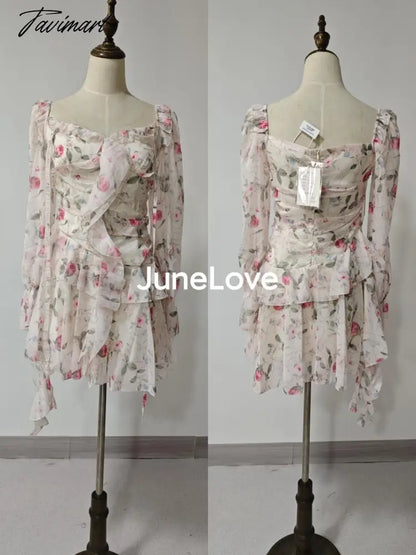 Summer Sweet Print Floral Chiffon Dress Women Elegant Long Sleeve Ruffles Party Mini Dresses Female Korean Chic Slim Vestidos