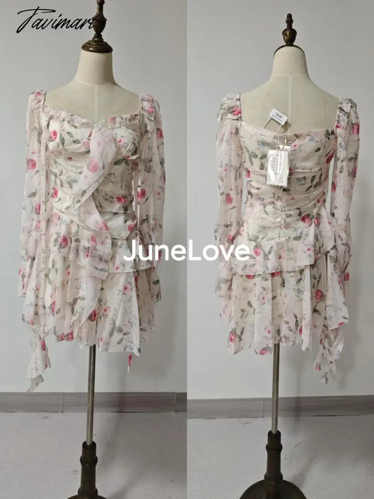 Summer Sweet Print Floral Chiffon Dress Women Elegant Long Sleeve Ruffles Party Mini Dresses Female Korean Chic Slim Vestidos
