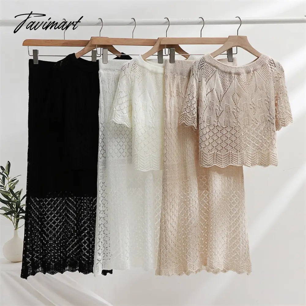 Summer Tracksuit Women Two Piece Set Skirt and Top Knitted 2 Piece Skirt Set Black White Knit Short Sleeve Matching Sets Women