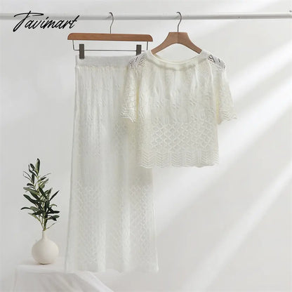 Summer Tracksuit Women Two Piece Set Skirt and Top Knitted 2 Piece Skirt Set Black White Knit Short Sleeve Matching Sets Women