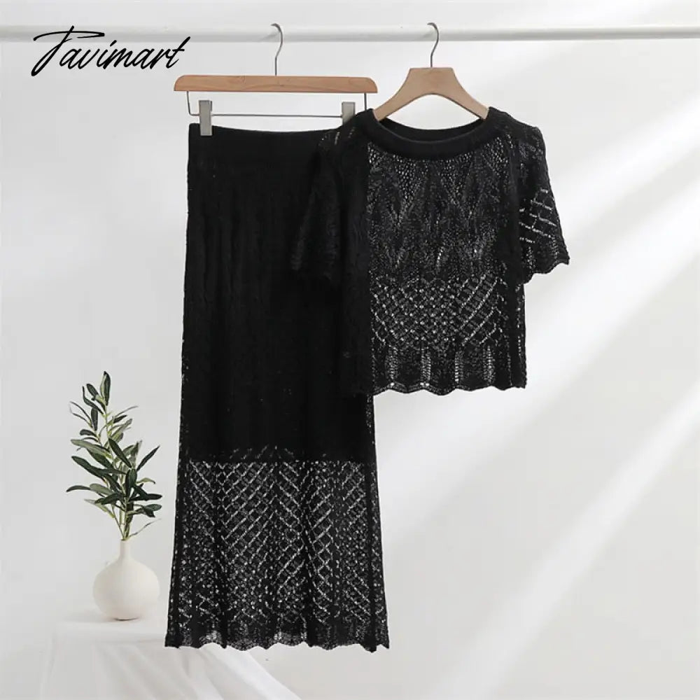 Summer Tracksuit Women Two Piece Set Skirt and Top Knitted 2 Piece Skirt Set Black White Knit Short Sleeve Matching Sets Women