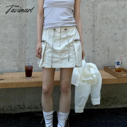 Summer Vintage Korean Retro High Street Side Pocket Zipper Drawstring Low Waist MINI Skirt Streetwear Fashion Skirt
