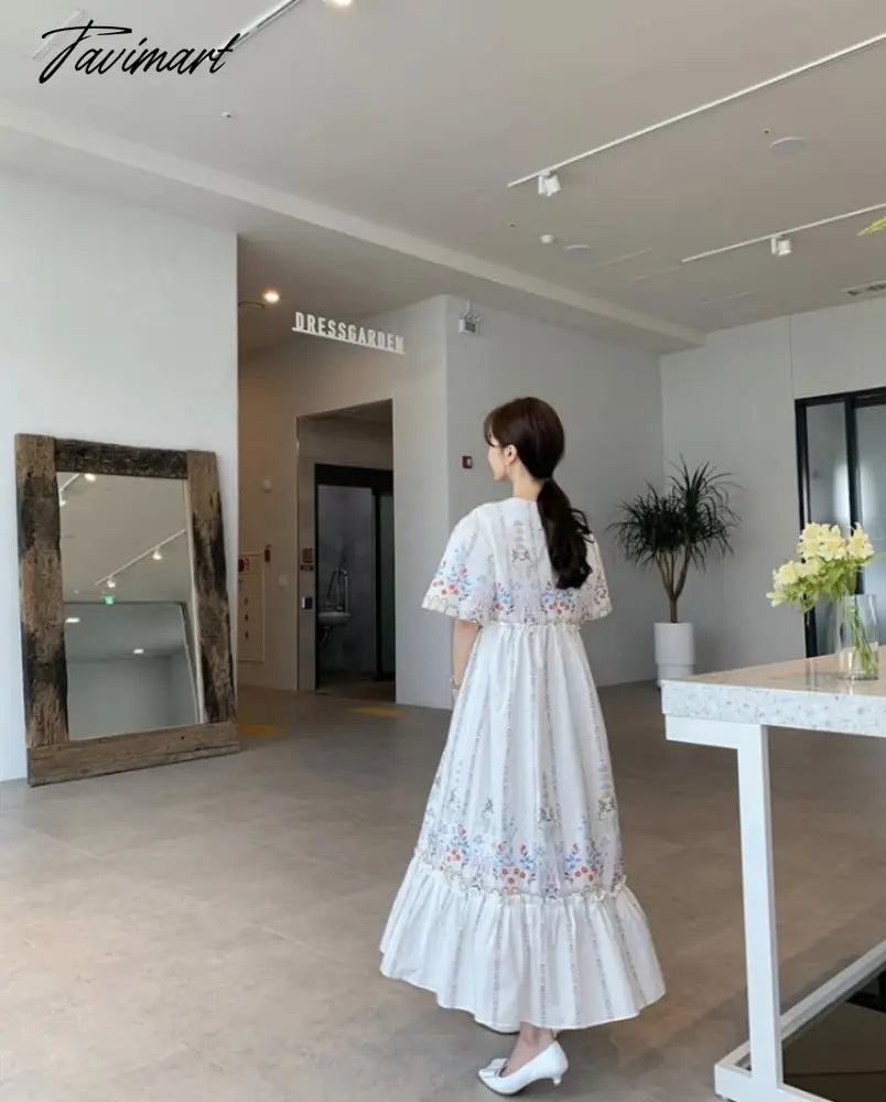 Summer Vintage Robe Printing O Neck Vestidos Edge of Fungus Puff Sleeve Loose Dress Korean Fashion Dresses for Women