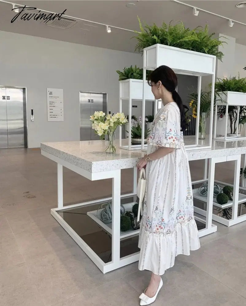 Summer Vintage Robe Printing O Neck Vestidos Edge of Fungus Puff Sleeve Loose Dress Korean Fashion Dresses for Women